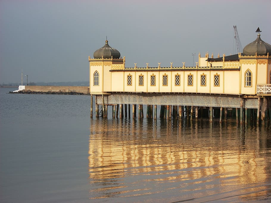 building, yellow, architecture, old, wooden, sea, sky, tourism HD wallpaper