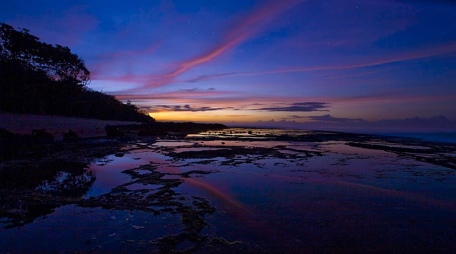 before sunrise, sawarna coast, java, indonesia, blue, purple HD wallpaper