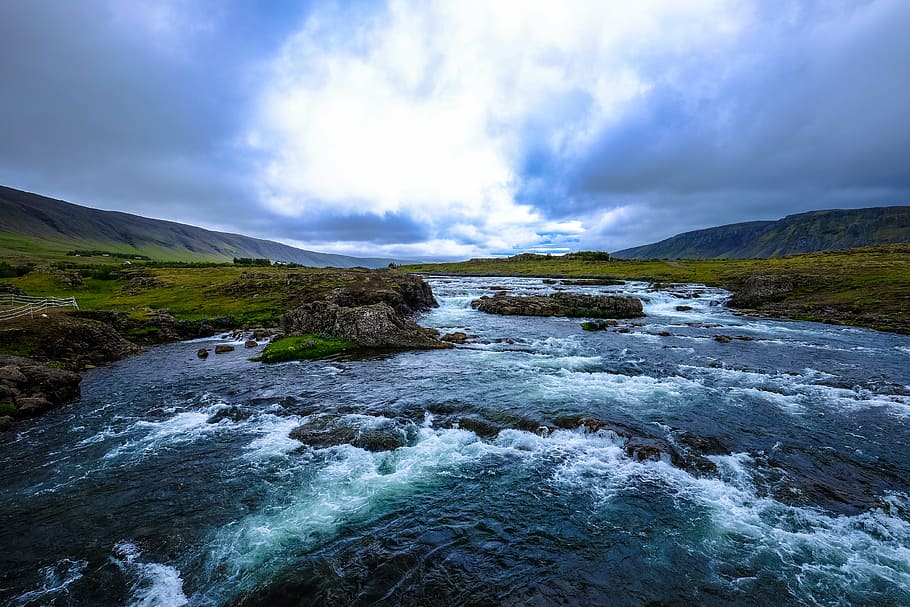 cascade, dark clouds, environment, field, flow, gloomy, grass HD wallpaper