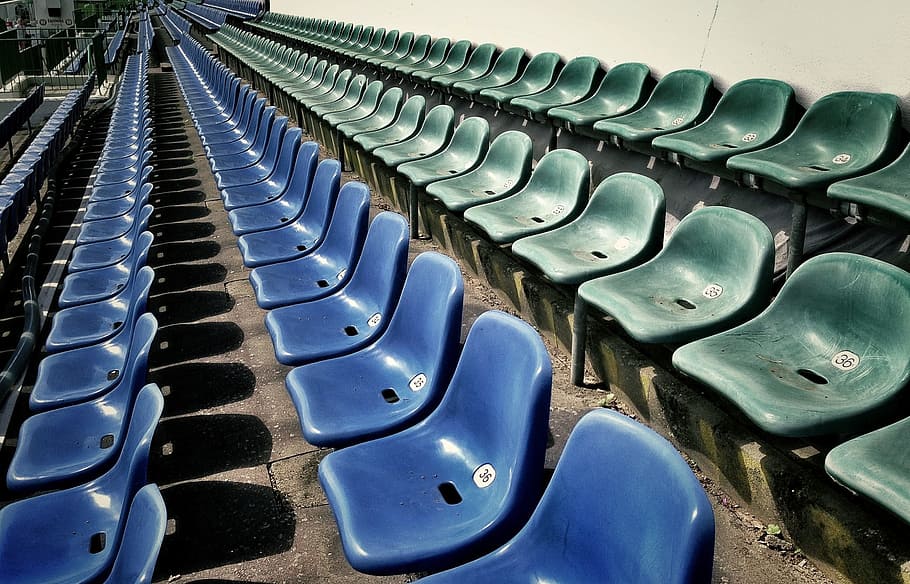 blue and green stadium chair beside white wall, sit, grandstand, HD wallpaper