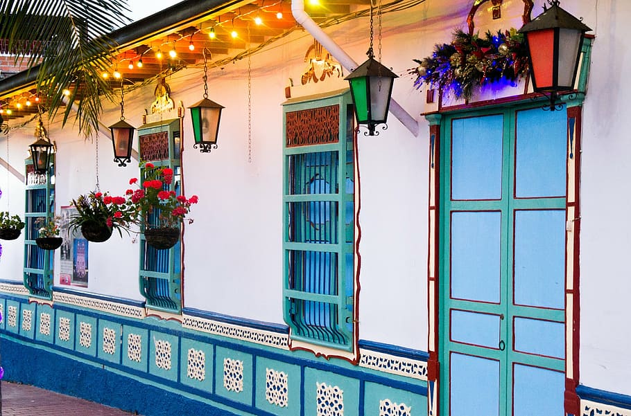 closed blue and green window and door, house, lantern, guatape HD wallpaper