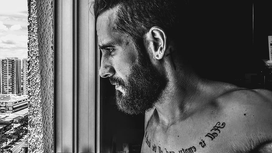 grayscale photography of man, Male, Face, one person, window HD wallpaper
