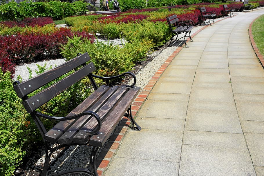Garden, Square, Bench, Path, the path, park, in a row, sidewalk HD wallpaper