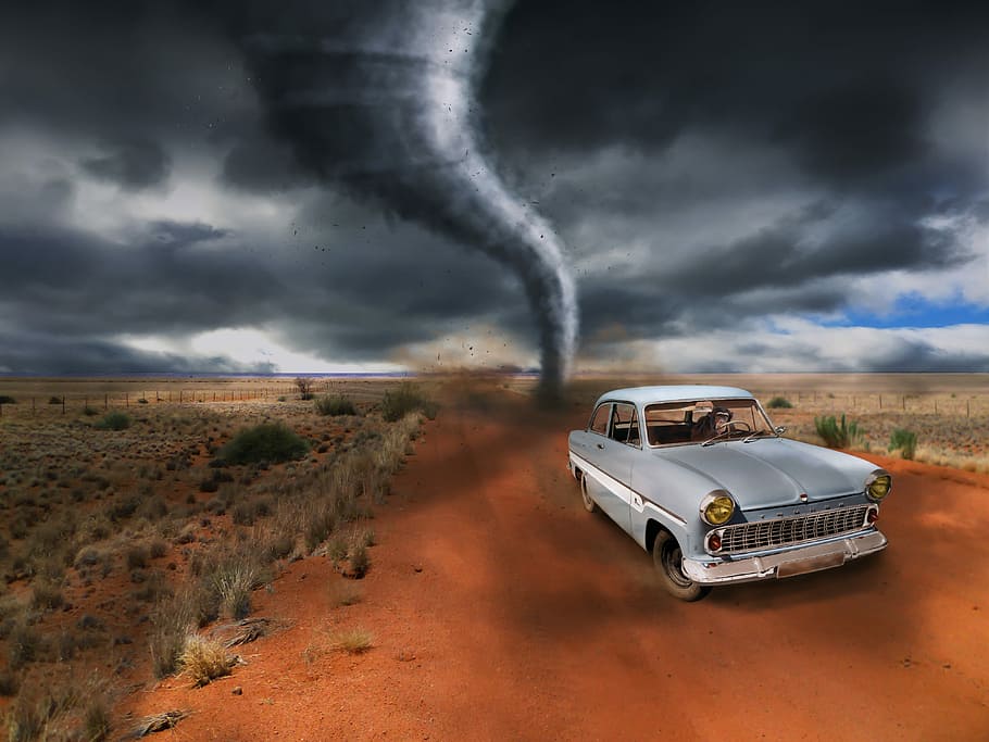 gray vehicle near tornado wallpaper, auto, escape, monkey, storm HD wallpaper