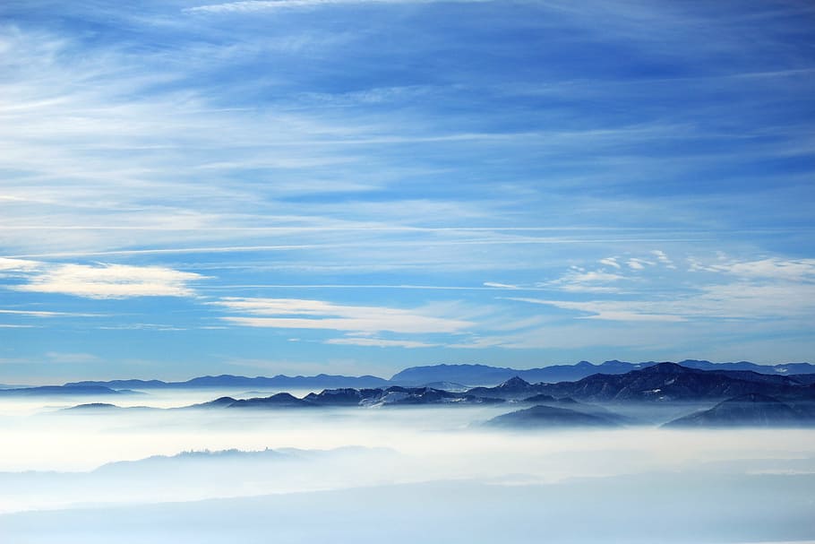 mountain range above clouds during daytime, sky, blue, fog HD wallpaper