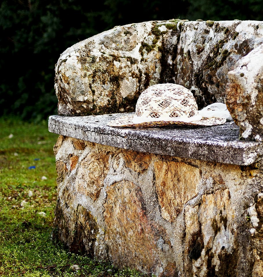 hat, soledad, bank, stone, garden, rustic, close-up, no people HD wallpaper