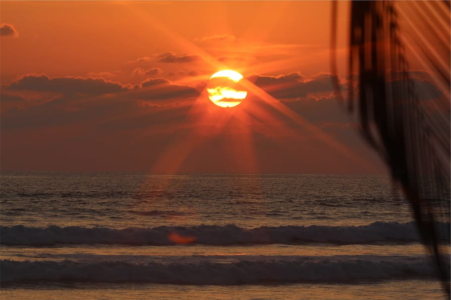sunset, dusk, beach, ocean, sea, horizon, waves, water, sky HD wallpaper