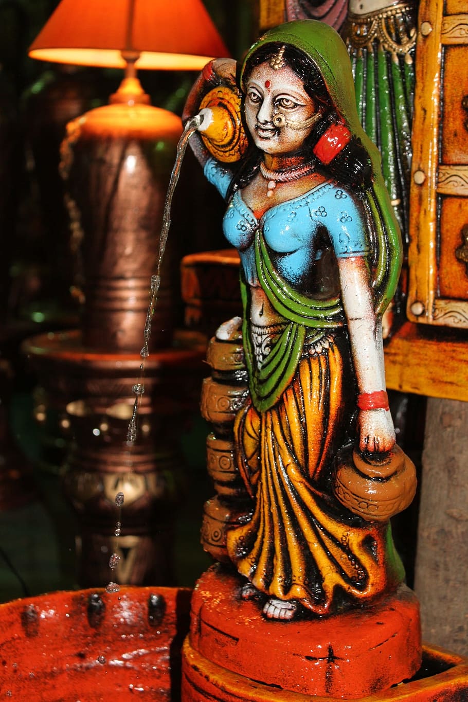 ceramic, statue, water, brown, blue, colorful, indian, fountain