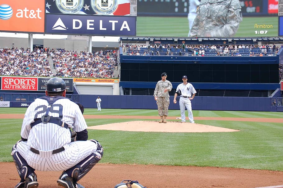 Baseball, Catcher, Field, Stadium, players, uniforms, pre-game HD wallpaper