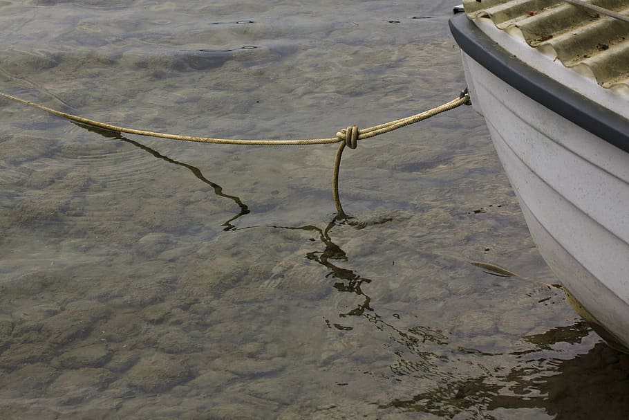 boot, covered, rope, knot, moored, waters, reflection, lake HD wallpaper