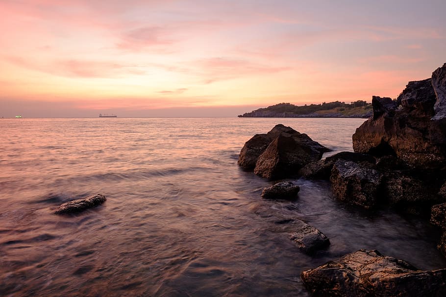 Sea, Scape, Sunset, scenics, nature, cloud - sky, water, rock HD wallpaper