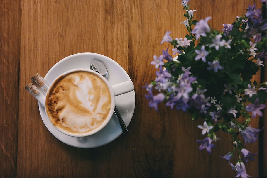 caffeine, coffee, cup, flowers, cappuccino, cup of coffee, drink HD wallpaper