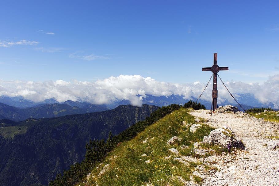 cross, mountain, landscape, sky, blue, clouds, alps, blue sky HD wallpaper