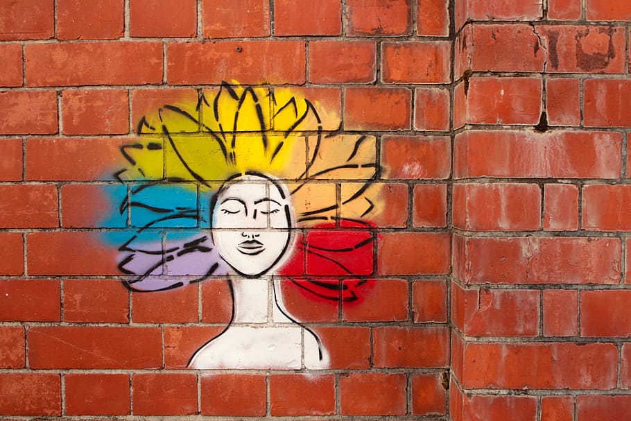 paint spray art of woman on brown brick wall, woman's colored haired graffiti painted on wall HD wallpaper