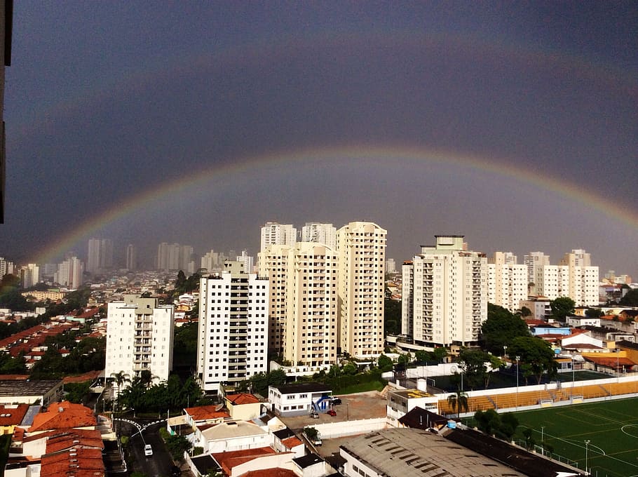 arc, iris, rainbow, city, sky, building exterior, built structure HD wallpaper