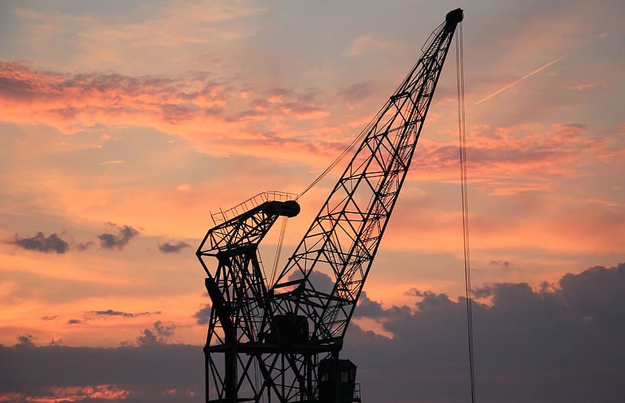silhouette photo of dragline, harbour crane, sunset, sky, clouds HD wallpaper