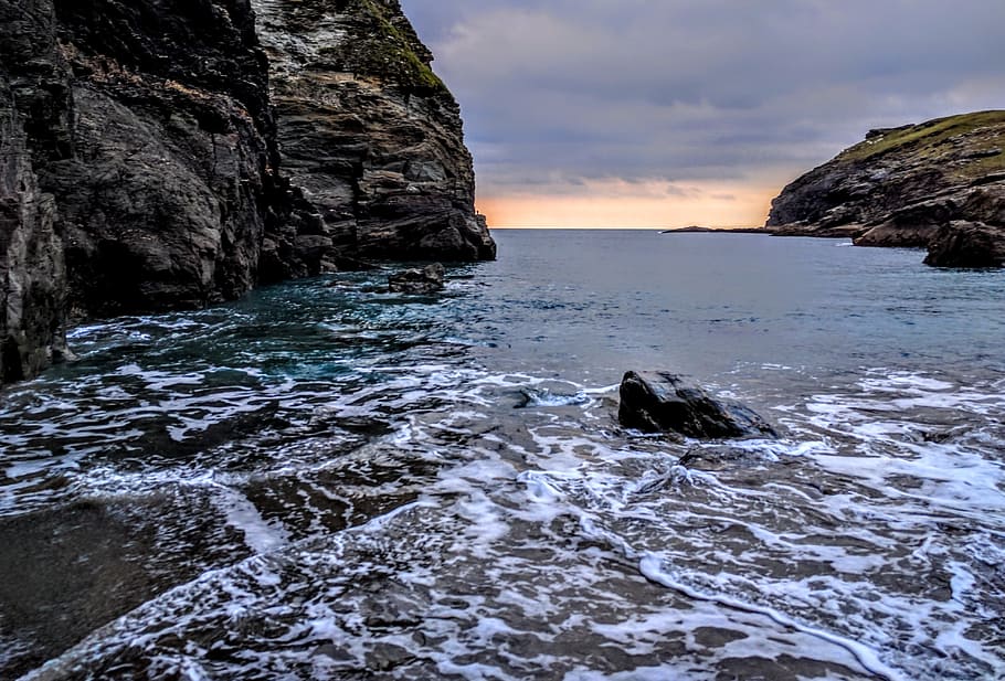rock, sea, cliffs, coast, cornwall, tintagel, lonely, sunset HD wallpaper