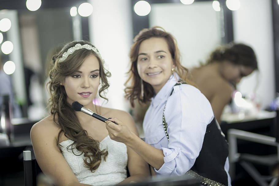 woman putting makeup on another woman's face, Wedding, Make-Up Artist HD wallpaper