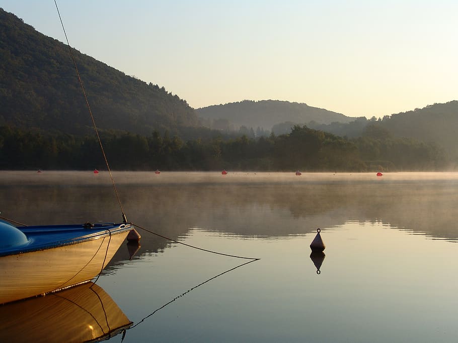 morgenstimmung, sunrise, boot, water, reflection, nautical vessel HD wallpaper