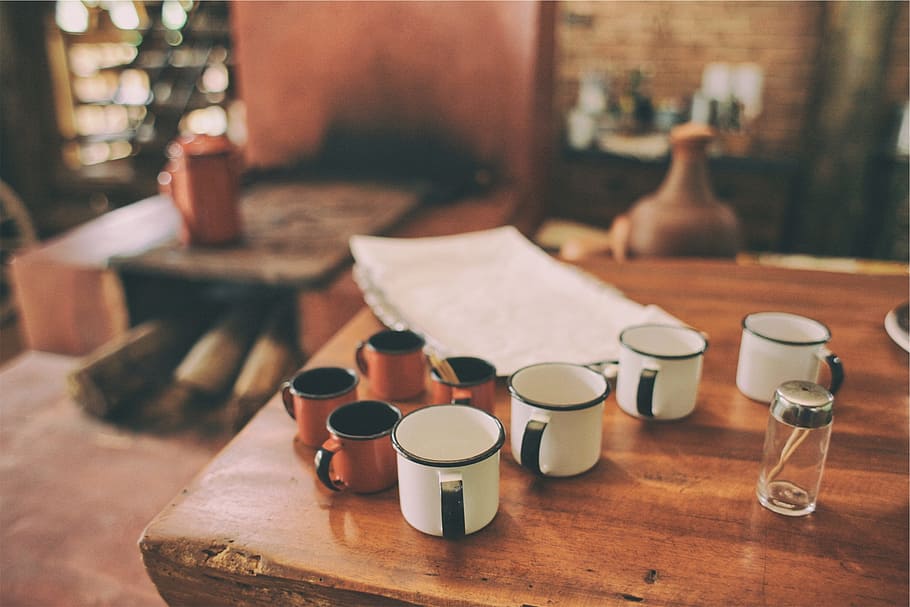white and brown cups on table, mugs, wooden, massive, objects HD wallpaper