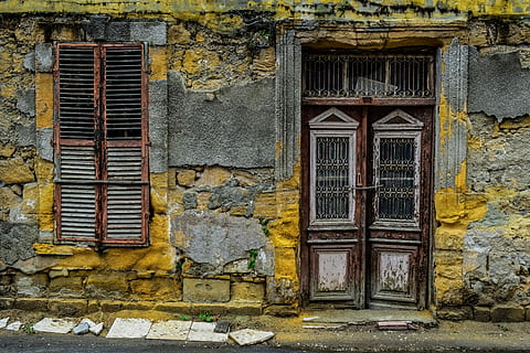 photo of yellow and brown house front, door, window, wall, architecture HD wallpaper