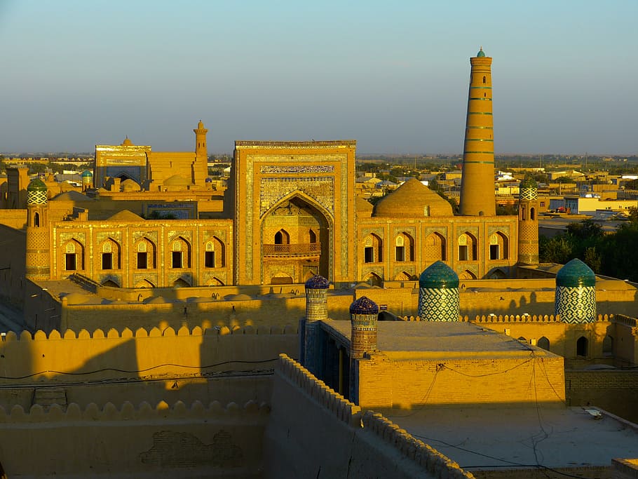 brown concrete mosque, khiva, city, city view, old, abendstimmung