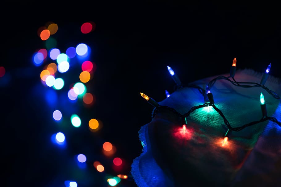 closed-up photo of string lights, night, dark, colorful, bar HD wallpaper
