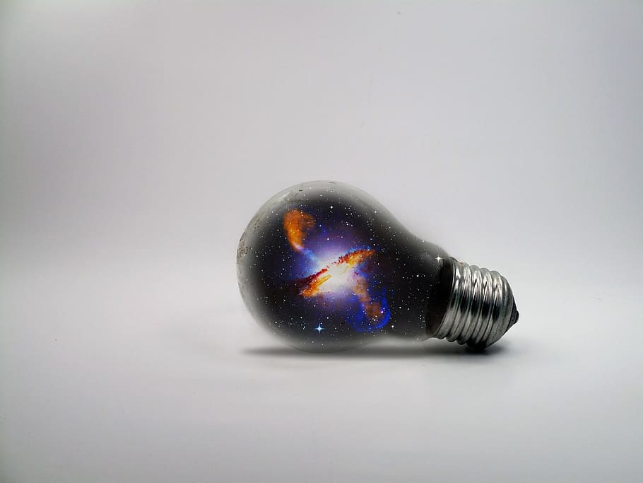 black and blue light bulb, galaxy, space, universe, creative