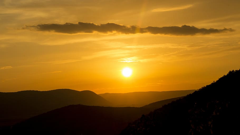 landscaped photo of a sun, photograph of mountain during golden hour HD wallpaper