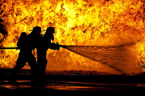 two fireman blowing water using hose on fire, firefighters HD wallpaper