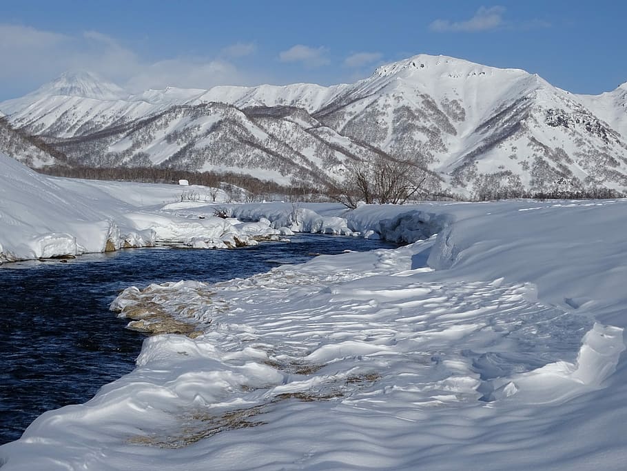 mountain covered of snow, mountains, ridge, valley, river, nature HD wallpaper