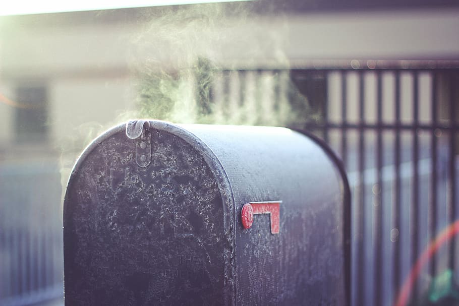 black steel mailbox outdoors, photo, metal, heater, steam, text HD wallpaper