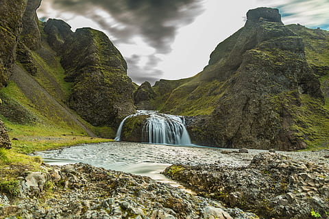 waterfall from mountain at daytime, waters, nature, river, sky HD wallpaper