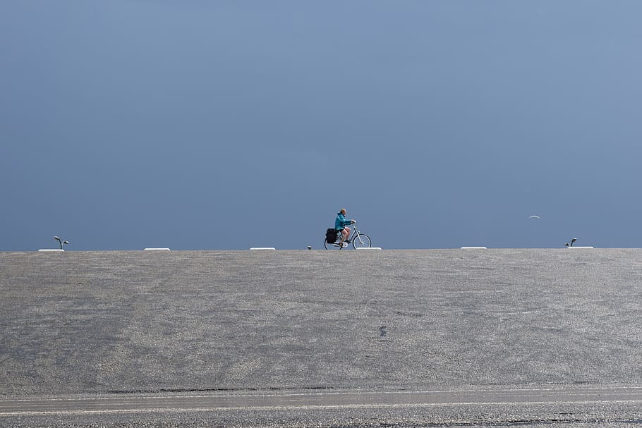 dike, sky, architecture, cyclist, blue, grey, one person, nature HD wallpaper