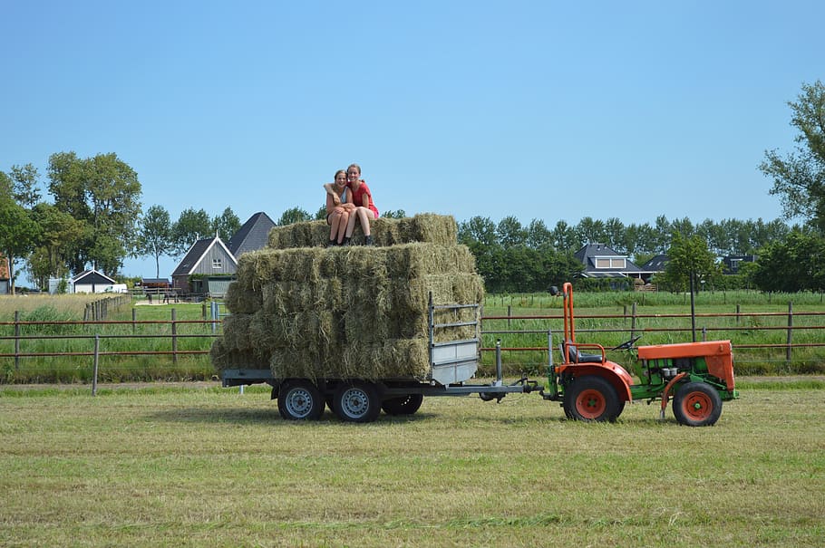 farm, haystack, countryside, haymaking, mode of transportation HD wallpaper