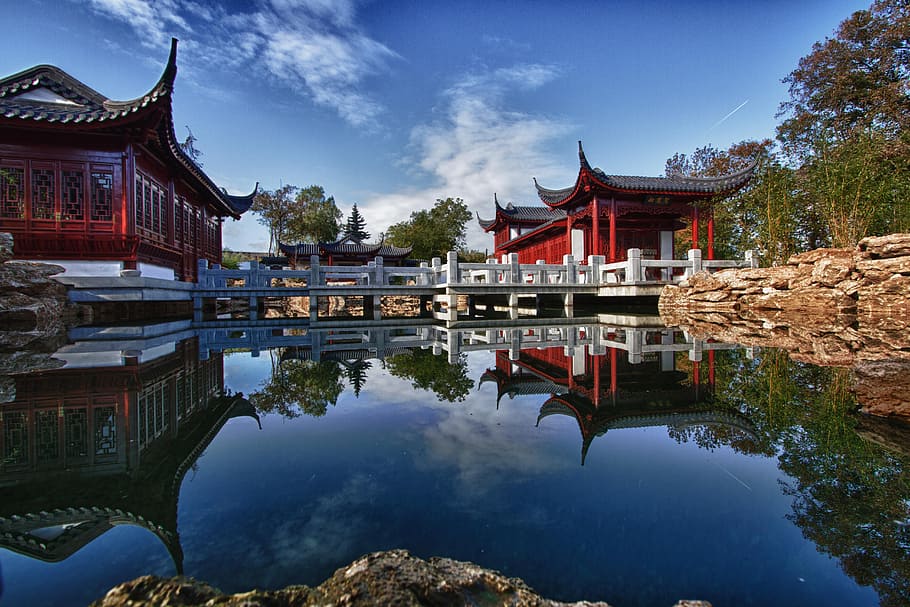 architectural photography of pagodas under stratus clouds, japanese garden