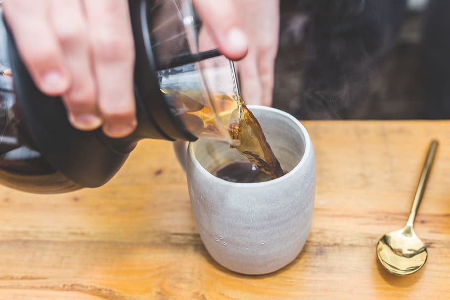 coffeemaker, black, brewed, drink, mug, cup, spoon, wooden HD wallpaper