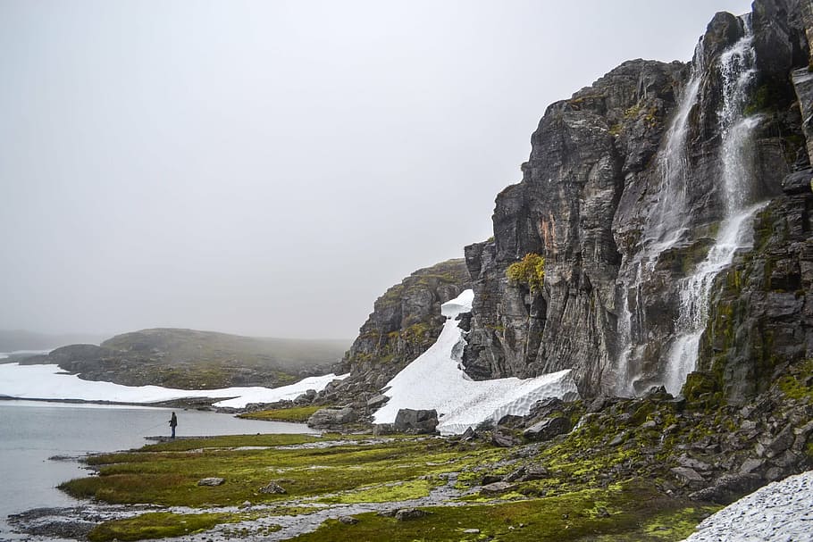 cliff, cold, daylight, falls, fishing, foggy, frosty, hill HD wallpaper