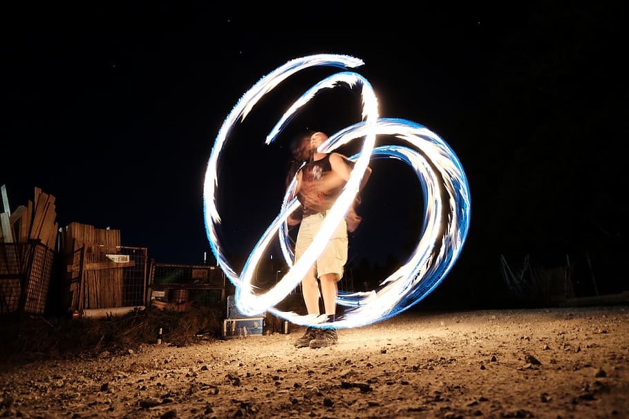 people, man, dancer, dancing, firedance, skill, dark, night HD wallpaper