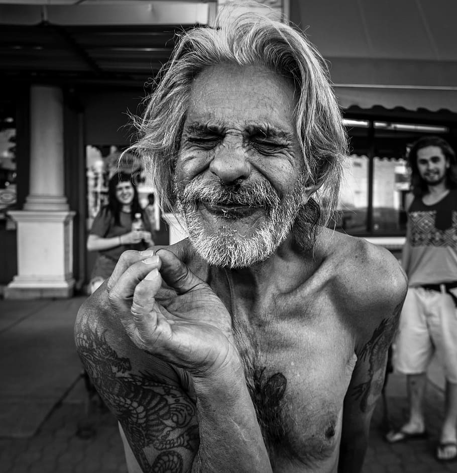 people, old, man, black and white, body, tattoo, real people, HD wallpaper