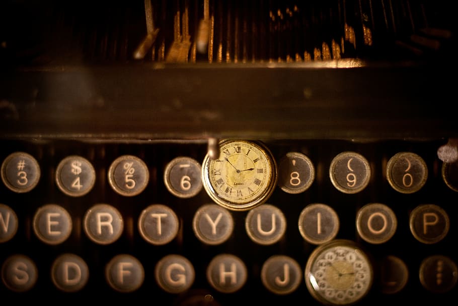 black typewriter, brown, letters, clock, time, vintage, oldschool HD wallpaper