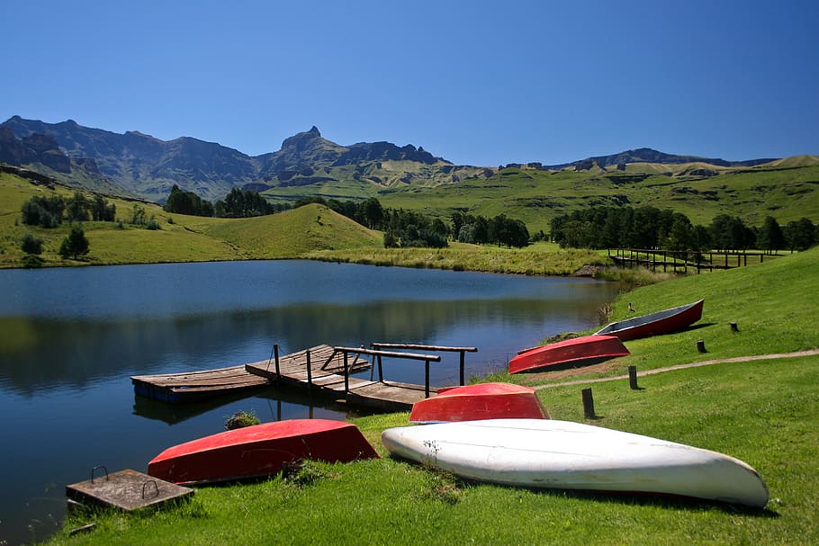 several assorted-color kayaks on green grass fields under blue calm sky, HD wallpaper