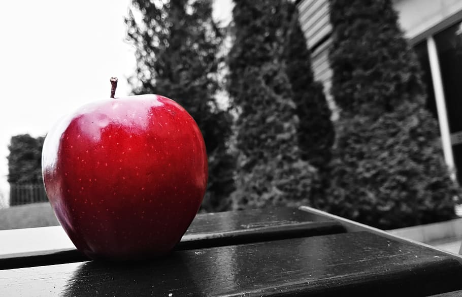 Apple, Black, White, red, fruit, food and drink, healthy eating HD wallpaper