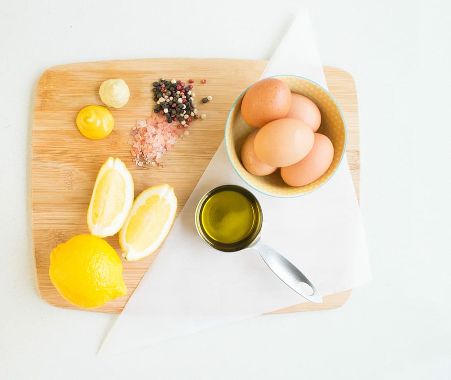 ingredients for homemade mayo, eggs, salt, pepper, mustard, lemon, olive oil, HD wallpaper