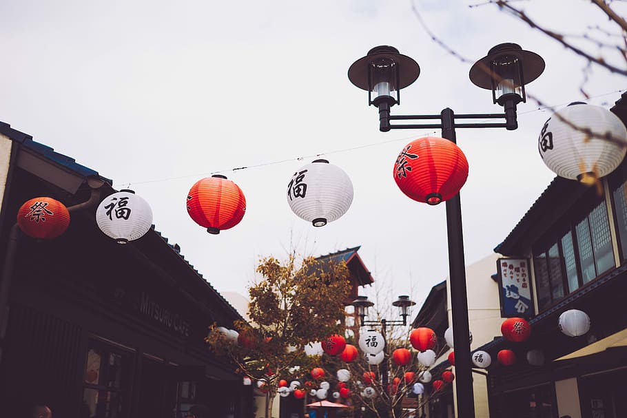 red and black paper lanterns