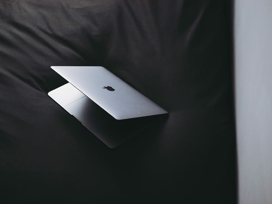 silver MacBook, MacBook Air slightly open, laptop, computer, dark, HD wallpaper