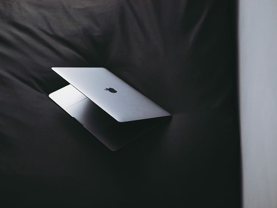 silver MacBook, MacBook Air slightly open, laptop, computer, dark HD wallpaper