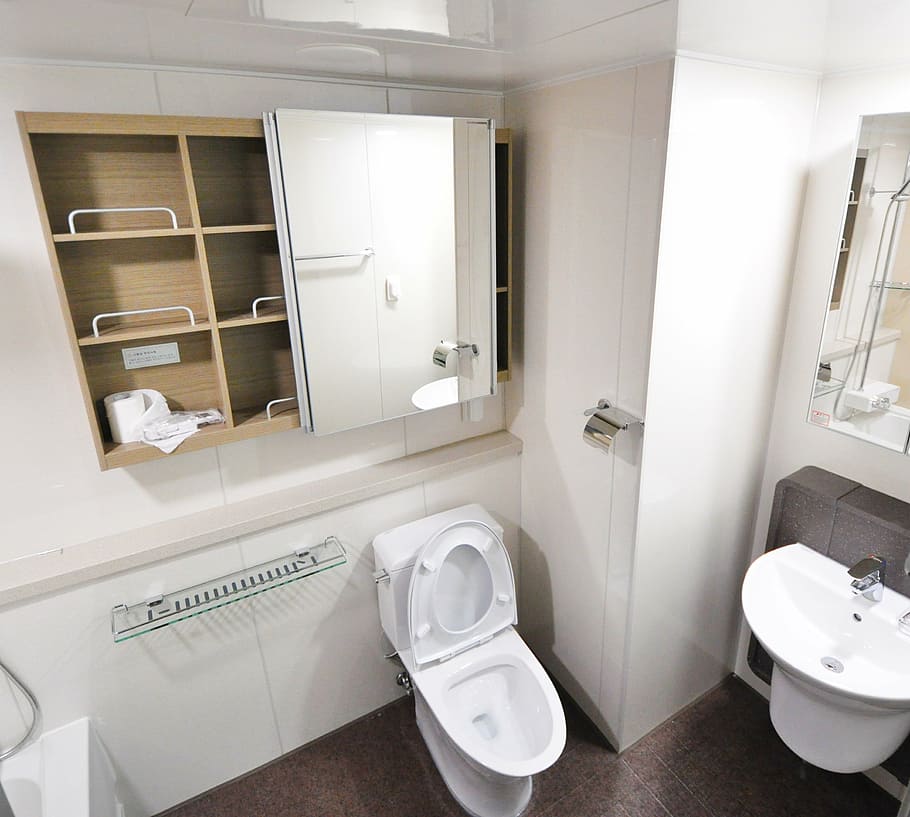 white flush toilet with cupboard with mirror on top, interior, HD wallpaper