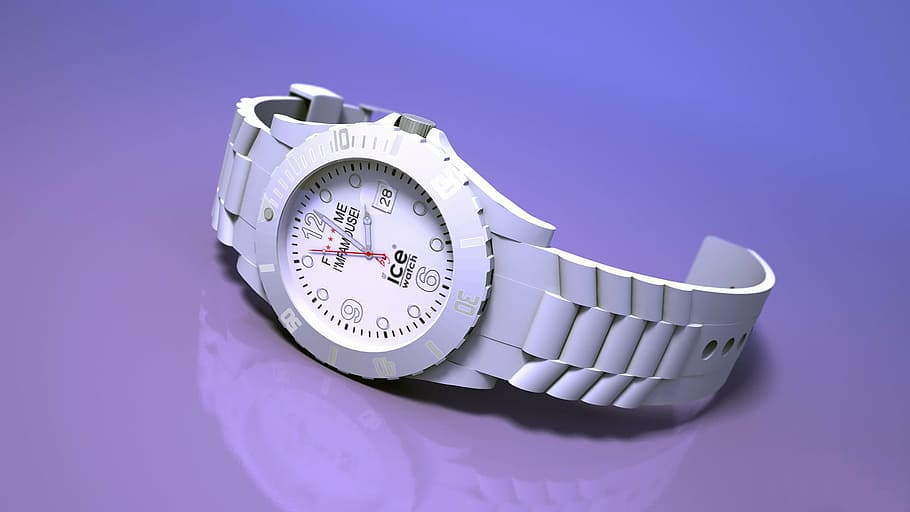 round silver-colored analog watch with white link at 2:00, ice HD wallpaper