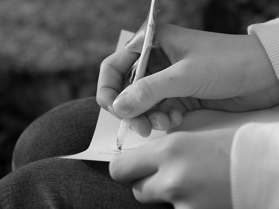 person writing on paper grayscale photo, leave, spring, letters HD wallpaper